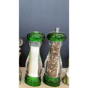 Old Thompson Green & Clear Glass Salt & Pepper Shakers
